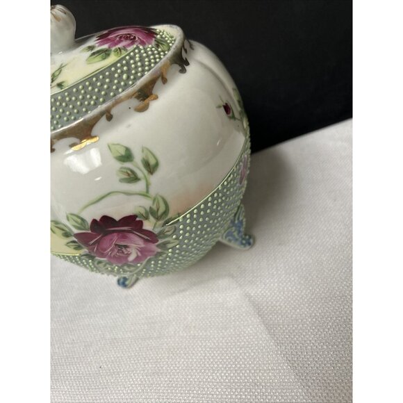 Antique Nippon Cabbage Rose Floral Lidded Footed Biscuit Jar Hand Painted - Picture 4 of 7